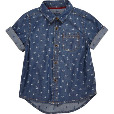 Mini boys blue palm tree print denim shirt